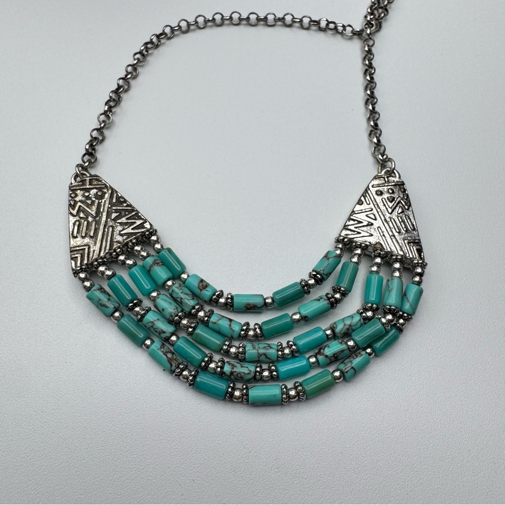 Vintage Turquoise Silver Adjustable Necklace Gemstone Embossed - Picture 7 of 12